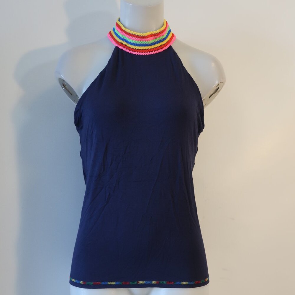 NWT Womens Meet Me In Miami Navy Blue, Multi Embroidered Halter Top M
